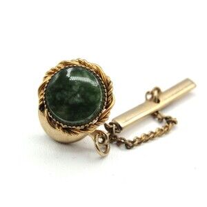VINTAGE Green JADE Gemstone Gold Tone Tie Tack Lapel Pin Mens Jewelry Chain MCM